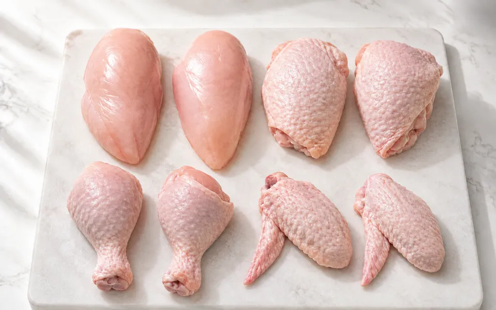 Referência fornecida do frango em oito cortes: dois peitos, duas coxas, duas sobrecoxas e duas asas.