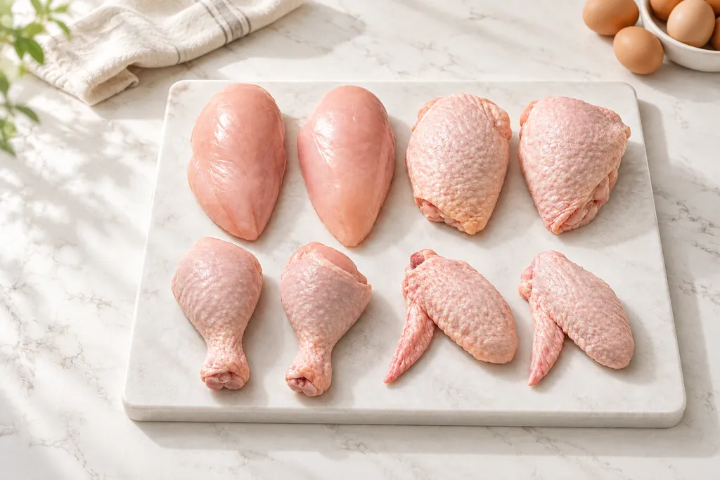 Frango cru cortado, disposto em travessa com ovos ao fundo. Fotografia ilustrativa.