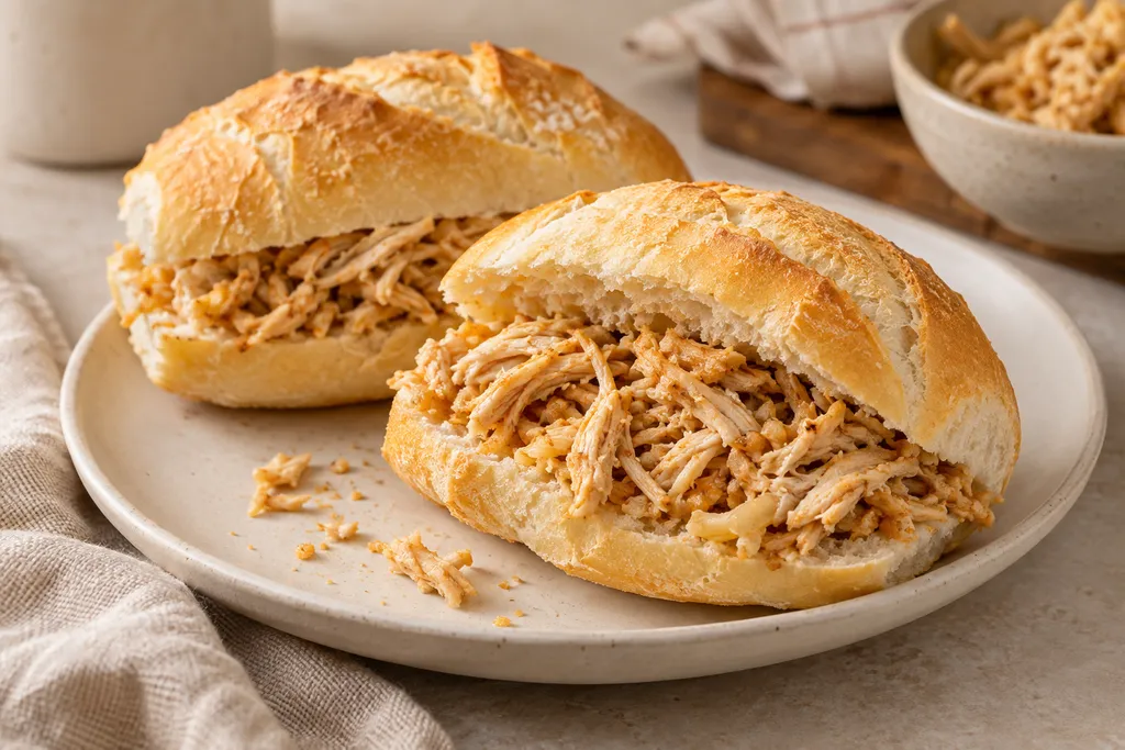 Pão francês com frango desfiado, sugestão de preparo.